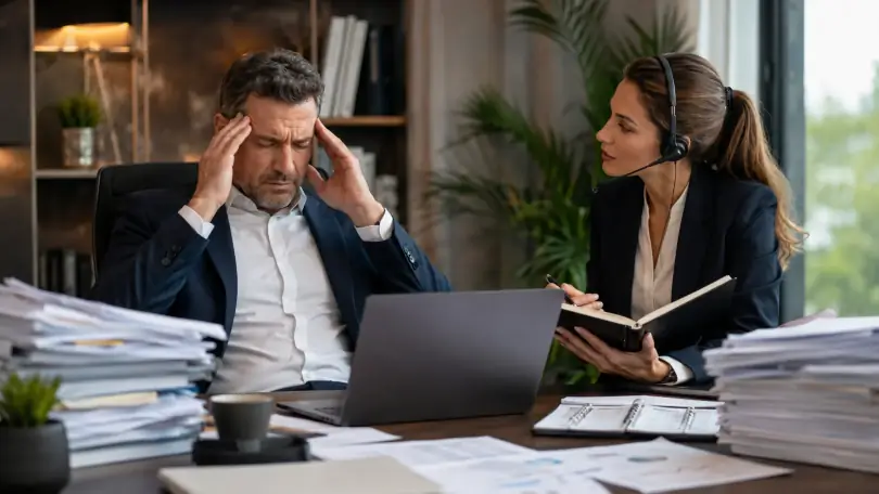 Ein Unternehmer sitzt erschöpft zwischen Aktenstapeln am Schreibtisch und hält sich den Kopf, während seine Mitarbeiterin mit Headset die nächsten Termine durchgeht