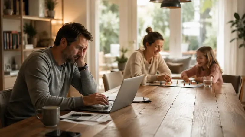 Ein Vater sitzt abends mit sorgenvollem Blick am Laptop, während im Hintergrund seine Familie ohne ihn am Tisch spielt