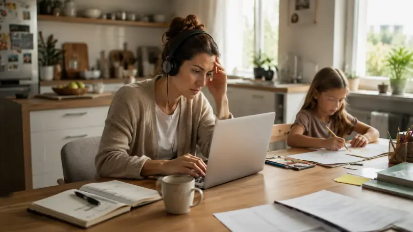 Eine Mutter arbeitet mit Kopfhörern angespannt am Laptop in der Küche, neben ihr malt ihre Tochter allein